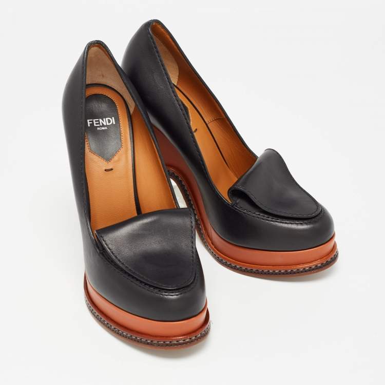 Pre Owned Fendi Black Leather Wedge Loafer Pumps Size 36