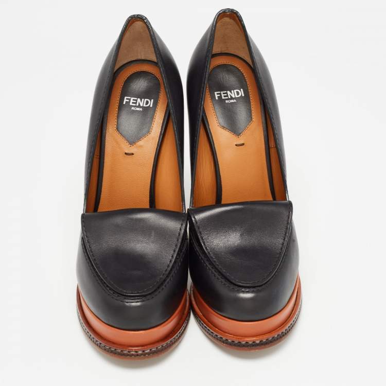 Pre Owned Fendi Black Leather Wedge Loafer Pumps Size 36