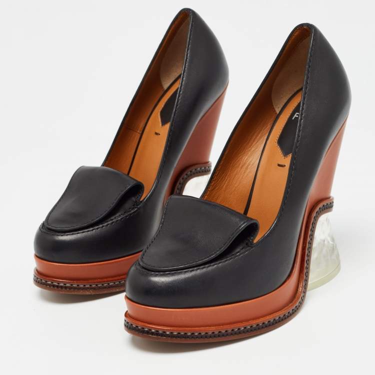 Pre Owned Fendi Black Leather Wedge Loafer Pumps Size 36