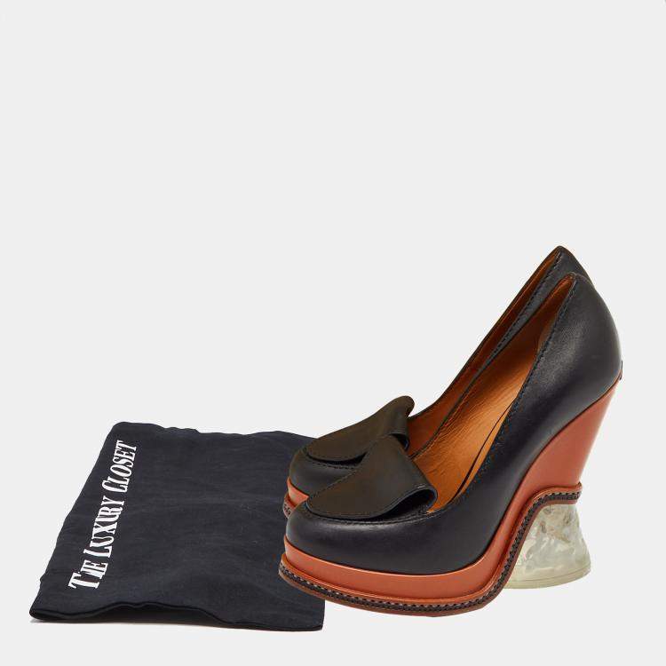 Pre Owned Fendi Black Leather Wedge Loafer Pumps Size 36