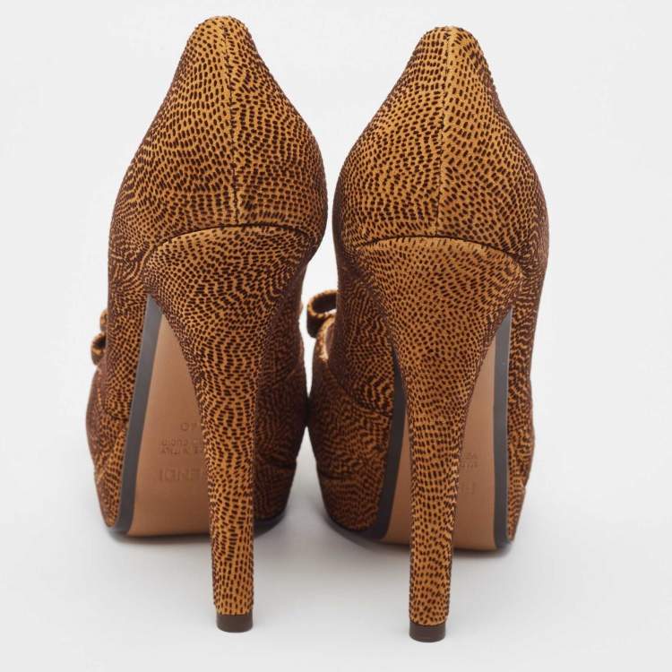Pre Owned Fendi Brown/Black Textured Suede Bow Peep Toe Pumps Size 40