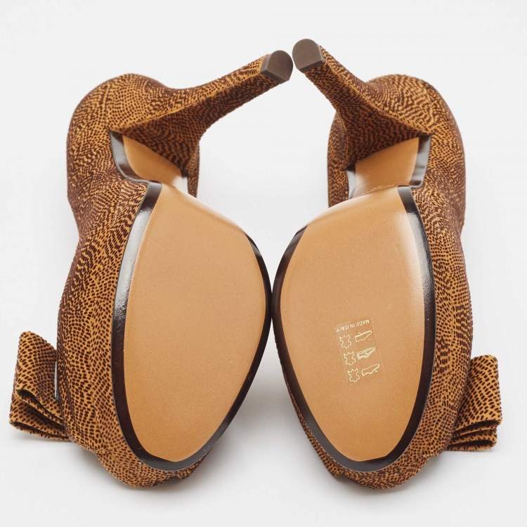 Pre Owned Fendi Brown/Black Textured Suede Bow Peep Toe Pumps Size 40
