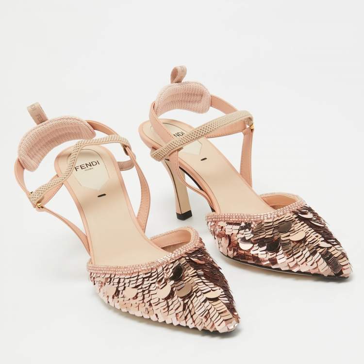 Pre Owned Fendi Pink Sequins Colibri Slingback Pumps Size 37