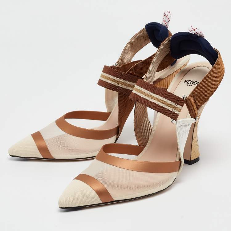 Fendi Beige/Brown Mesh and Canvas Colibri Slingback Pumps