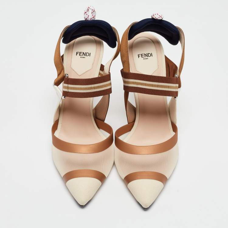 Pre Owned Fendi Beige/Brown Mesh and Canvas Colibri Slingback Pumps Size 41