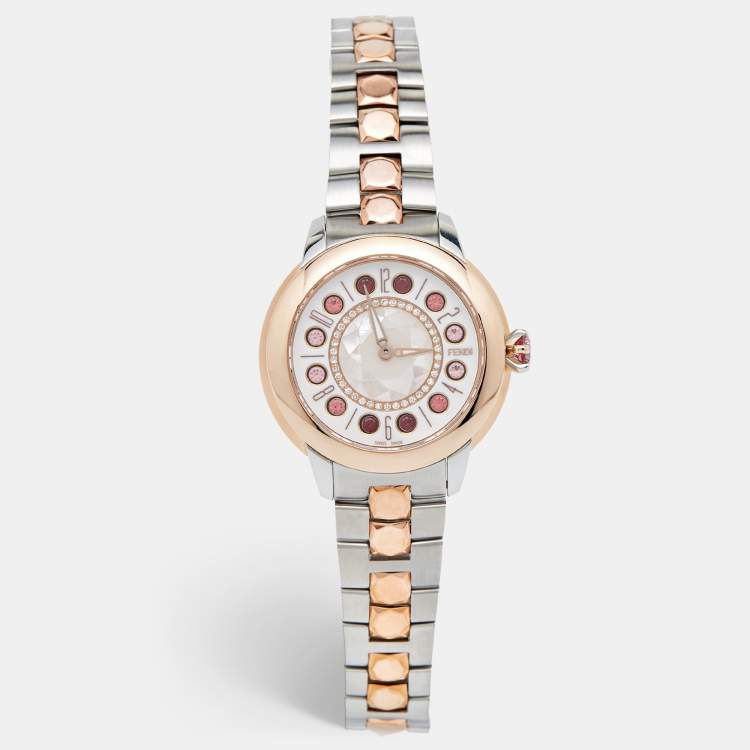Pre Owned Fendi Mother of Pearl Diamond Topaz Two-Tone Stainless Steel IShine F121224500D2T01 Women's Wristwatch 33.50 mm