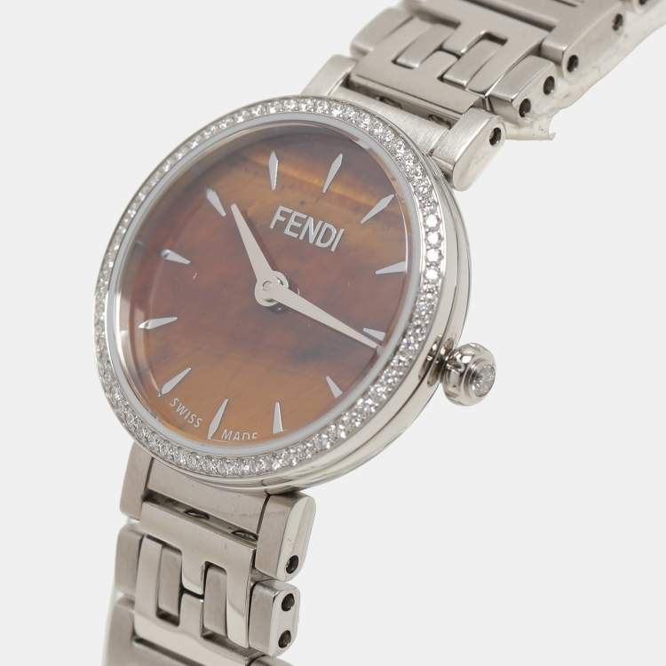 Pre Owned Fendi Brown Stainless Steel Diamond Forever Fendi F103111101 Women's Wristwatch 19 mm