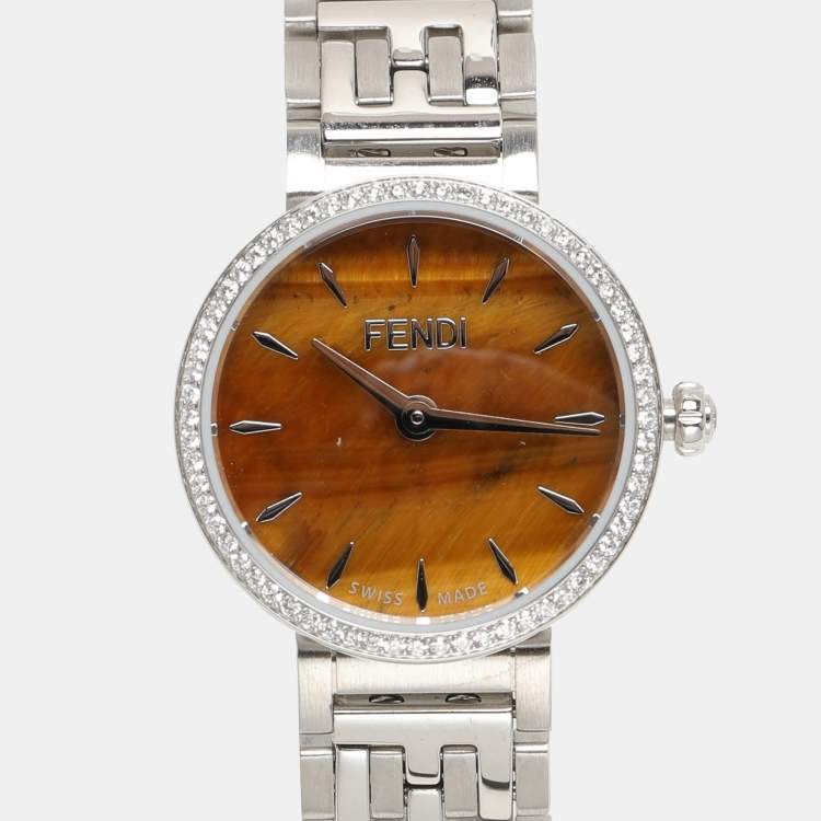 Pre Owned Fendi Brown Stainless Steel Diamond Forever Fendi F103111101 Women's Wristwatch 19 mm