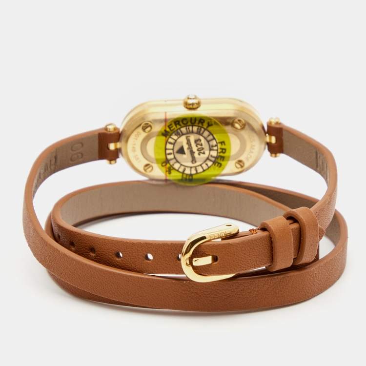 Pre Owned Fendi Silver Gold Plated Stainless Steel Leather Diamond O'Lock Vertical 148 Women's Wristwatch 15 mm