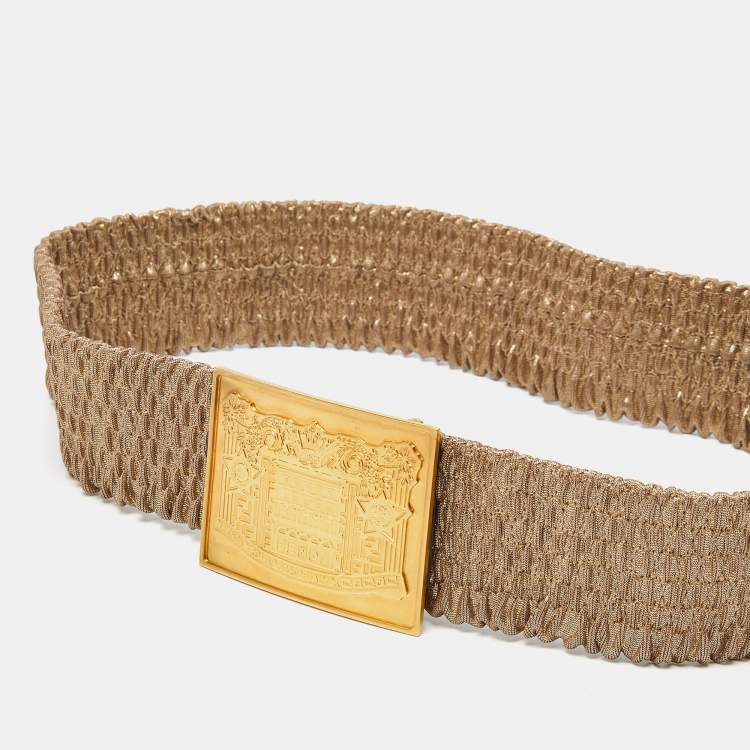 Pre Owned Fendi Gold Stretch Fabric and Leather Waist Belt 75CM