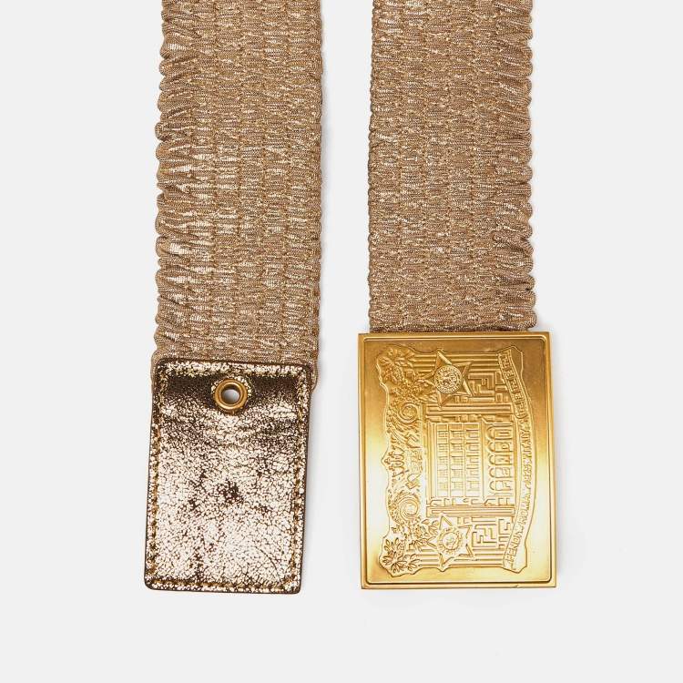 Pre Owned Fendi Gold Stretch Fabric and Leather Waist Belt 75CM