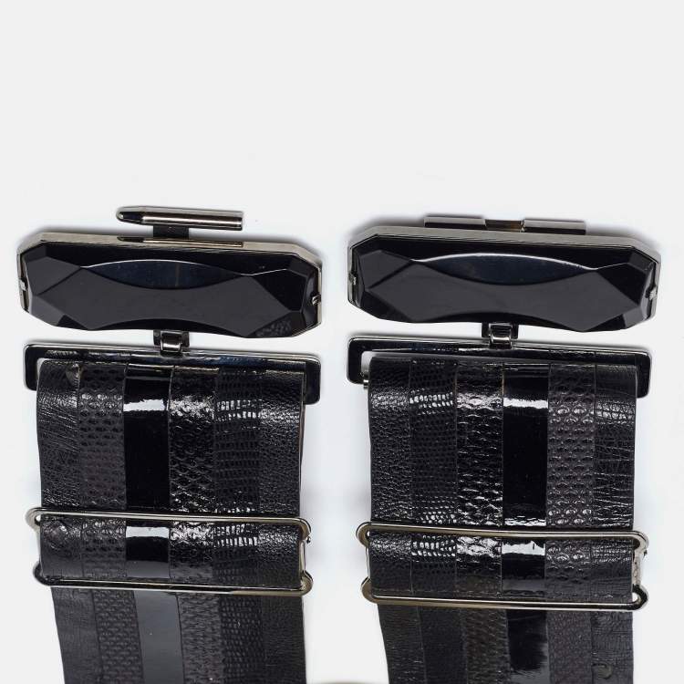Pre Owned Fendi Black Karung, Patent and Leather Wide Waist Belt 70CM