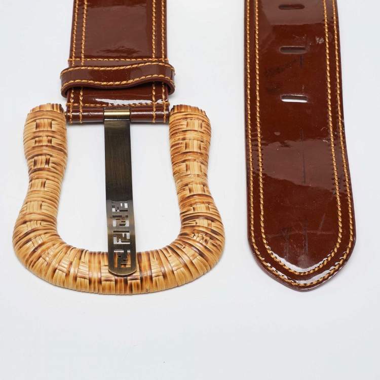Pre Owned Fendi Brown Patent Leather B Waist Wide Belt 70CM