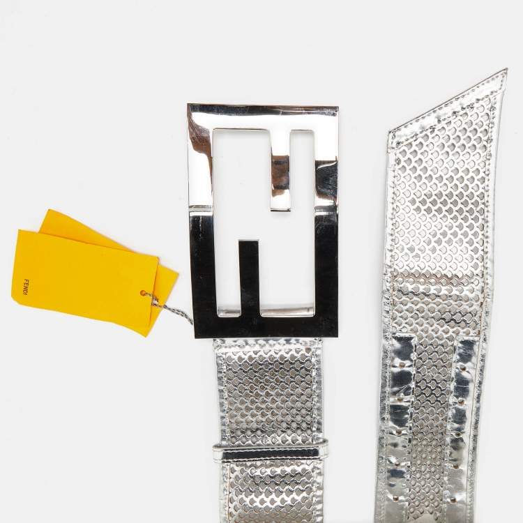 Pre Owned Fendi Silver Perforated Patent Leather FF Buckle Wide Belt 85CM
