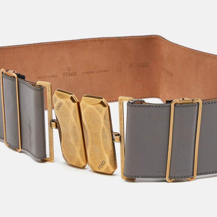Pre Owned Fendi Grey Leather Wide Waist Belt 70CM