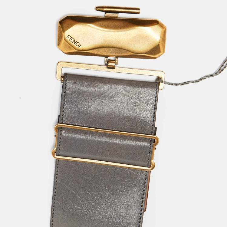 Pre Owned Fendi Grey Leather Wide Waist Belt 70CM