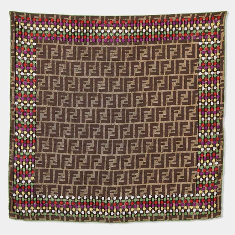 Pre Owned Fendi Brown Zucca Polka Dot Print Silk Scarf