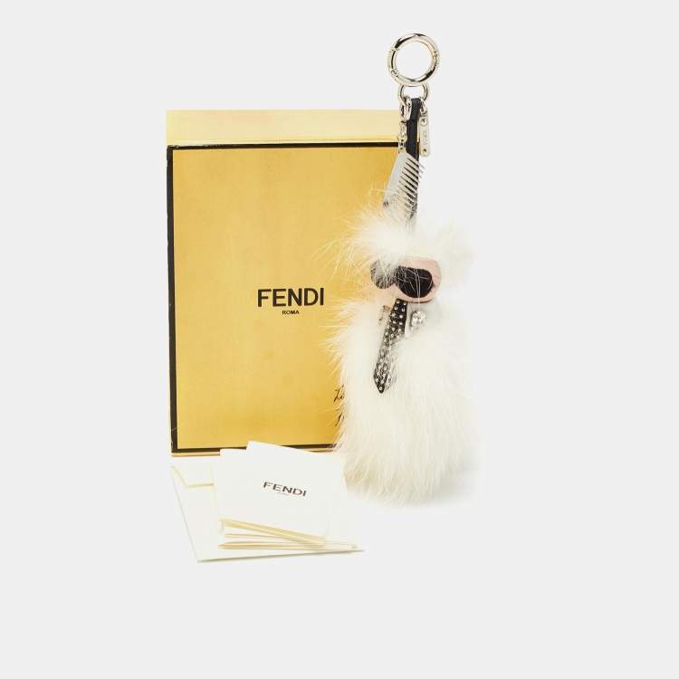 Pre Owned Fendi White/Black Fur and Leather Embellished Karlito Tuxedo Bag Charm