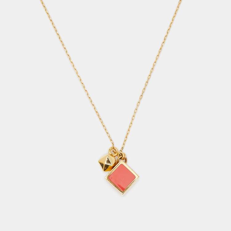 Pre Owned Fendi Red Enamel Cube Gold Tone Pendant Necklace