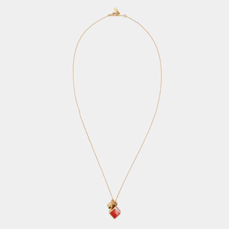 Pre Owned Fendi Red Enamel Cube Gold Tone Pendant Necklace