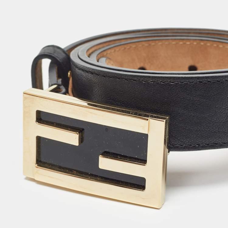 Pre Owned Fendi Black Leather FF Buckle Belt 95CM
