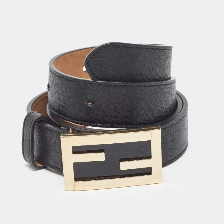 Pre Owned Fendi Black Leather FF Buckle Belt 95CM