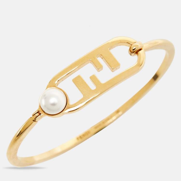 Pre Owned Fendi O'Clock Faux Pearl Gold Tone Bracelet M