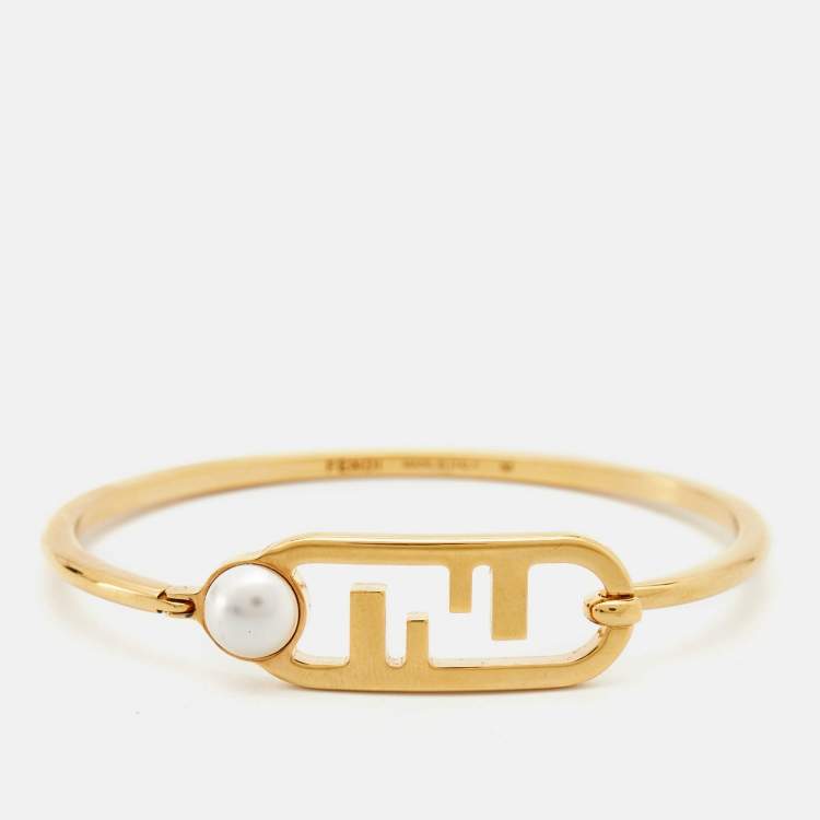 Pre Owned Fendi O'Clock Faux Pearl Gold Tone Bracelet M