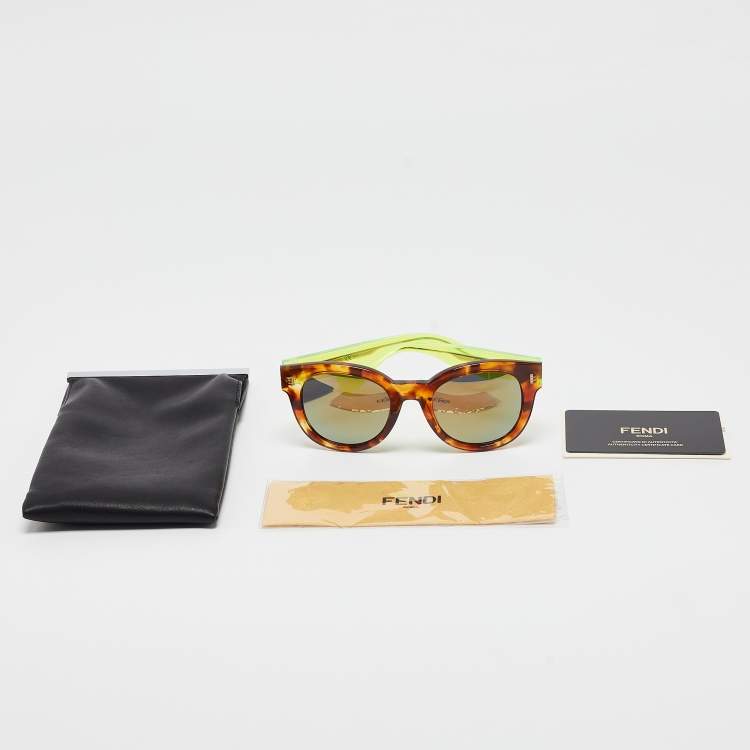 Pre Owned Fendi Tortoise/Green FF0026/S Mirrored Square Sunglasses