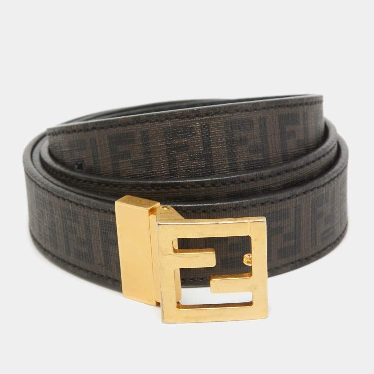 Pre Owned Fendi Tobacco/Black Zucchino Coated Canvas FF Buckle Reversible Cut to Size Belt