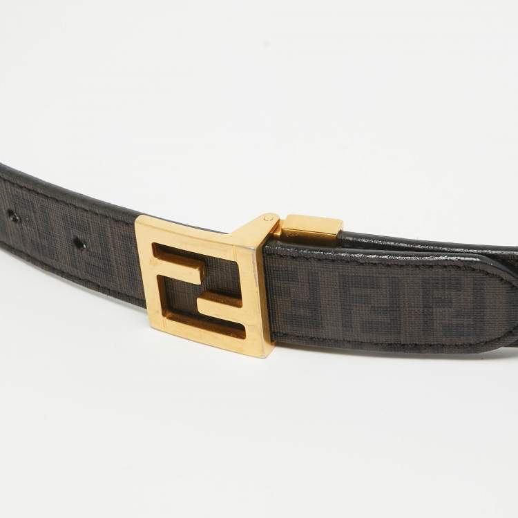 Pre Owned Fendi Tobacco/Black Zucchino Coated Canvas FF Buckle Reversible Cut to Size Belt