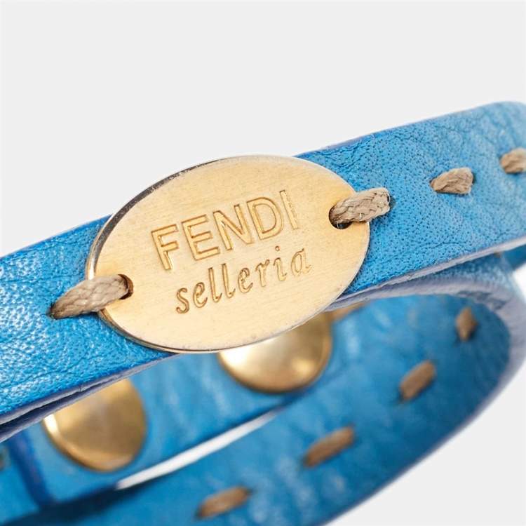 Pre Owned Fendi Selleria Blue Leather Double Wrap Bracelet