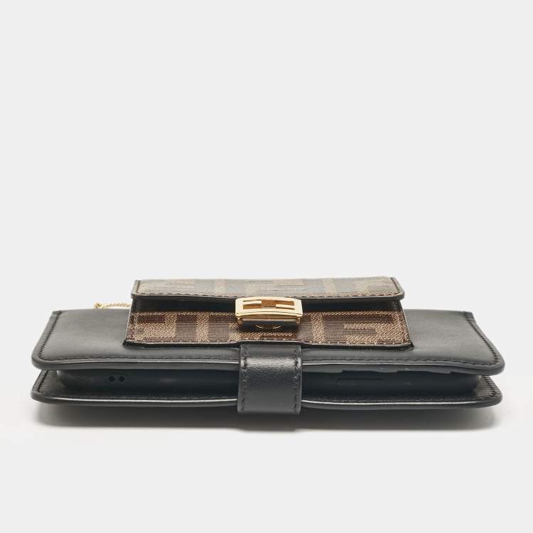 Pre Owned Fendi Black/Tobacco Leather and Zucca Coated Canvas iPhone X Cover with Chain Strap