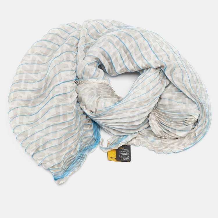 Pre Owned Fendi Grey/Blue Stripe Zucca Print Satin Plisse Stole 