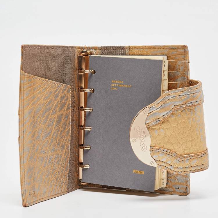 Pre Owned Fendi Gold Textured Leather Agenda Flap Cover