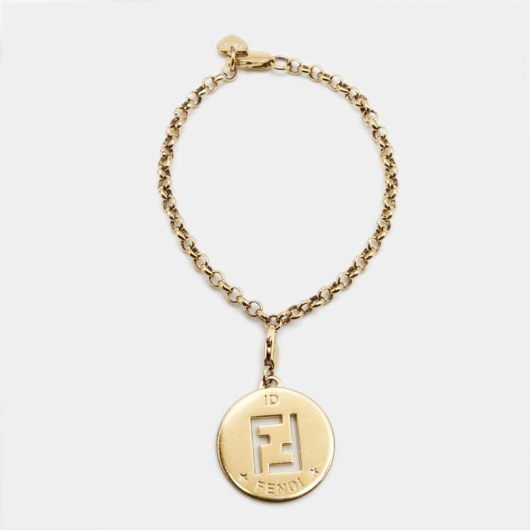Pre Owned Fendi FF Identification Charm Gold Tone Bracelet