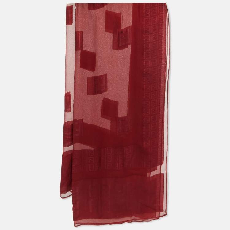 Pre Owned Fendi Red Logo Jacquard Silk Blend Scarf