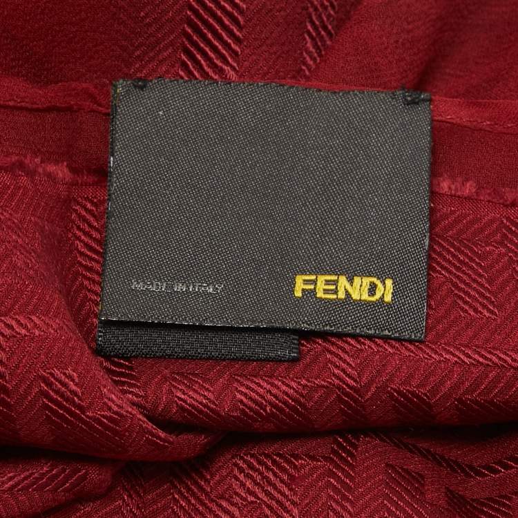 Pre Owned Fendi Red Logo Jacquard Silk Blend Scarf