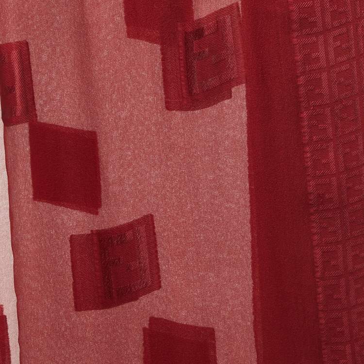 Pre Owned Fendi Red Logo Jacquard Silk Blend Scarf