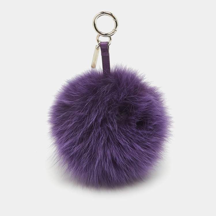 Pre Owned Fendi Purple Fox Fur and Leather Pom Pom Bag Charm