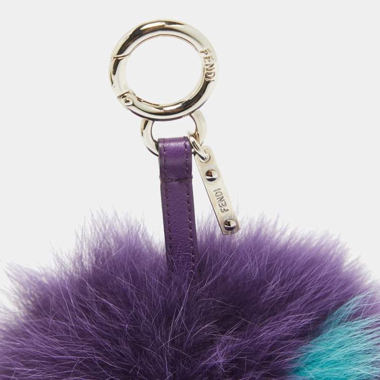 Pre Owned Fendi Purple Fox Fur and Leather Pom Pom Bag Charm