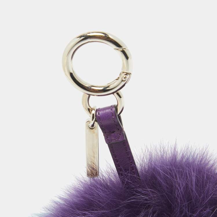Pre Owned Fendi Purple Fox Fur and Leather Pom Pom Bag Charm