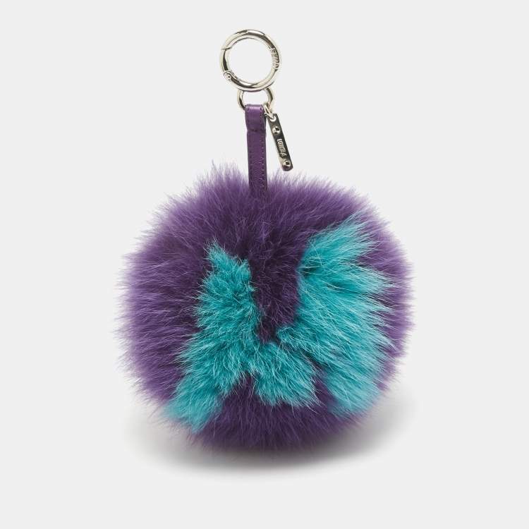 Pre Owned Fendi Purple Fox Fur and Leather Pom Pom Bag Charm