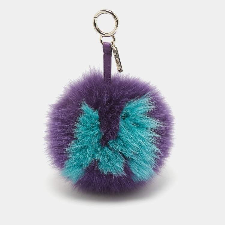 Pre Owned Fendi Purple Fox Fur and Leather Pom Pom Bag Charm