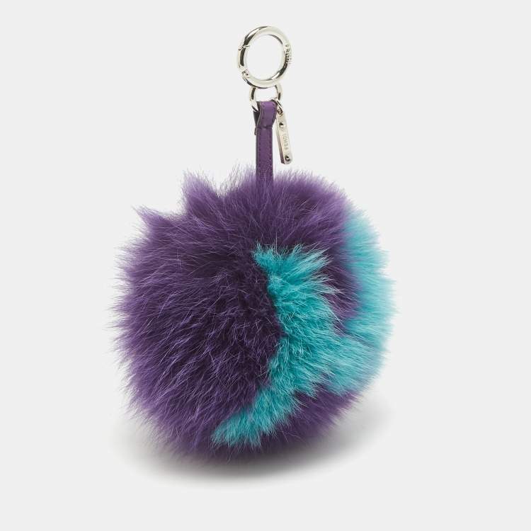 Pre Owned Fendi Purple Fox Fur and Leather Pom Pom Bag Charm