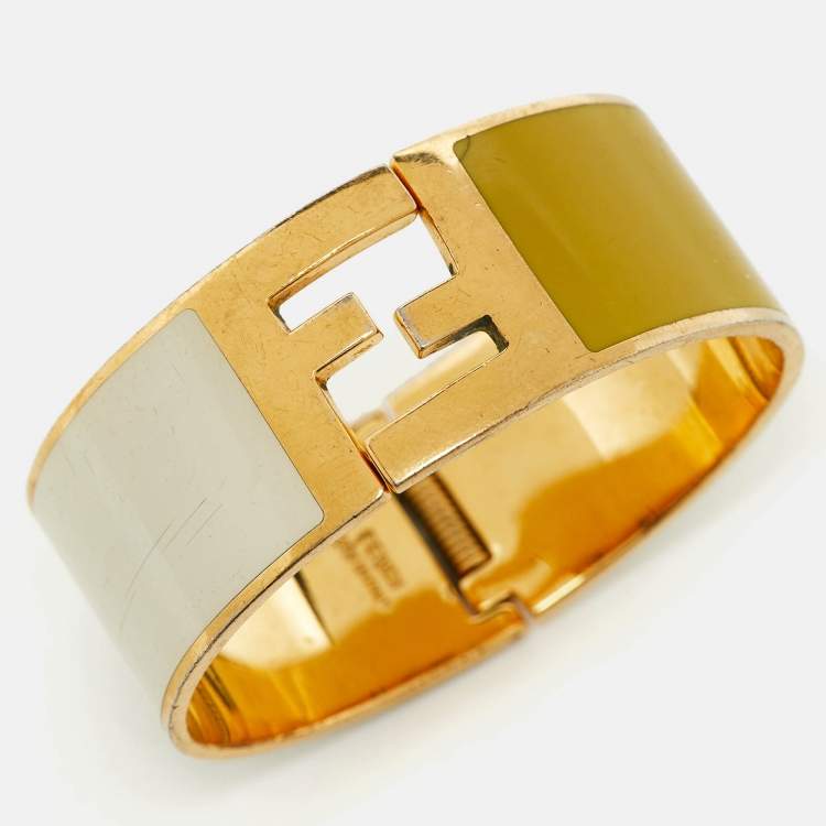 Pre Owned Fendi Fendista Bi-color Yellow/White Enamel Gold Tone Wide Bracelet M