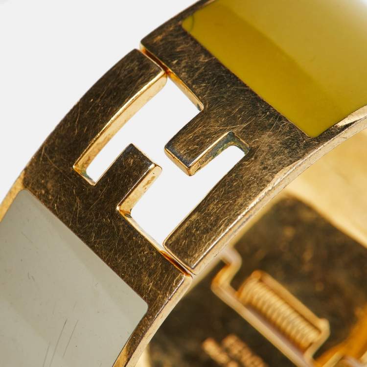 Pre Owned Fendi Fendista Bi-color Yellow/White Enamel Gold Tone Wide Bracelet M