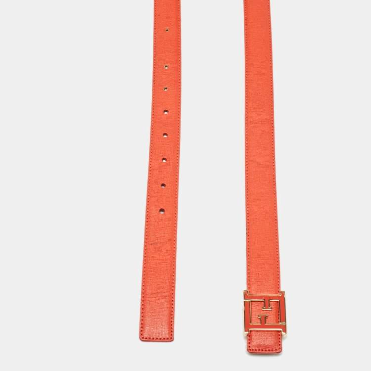 Pre Owned Fendi Orange Leather FF Logo Buckle Belt 85CM
