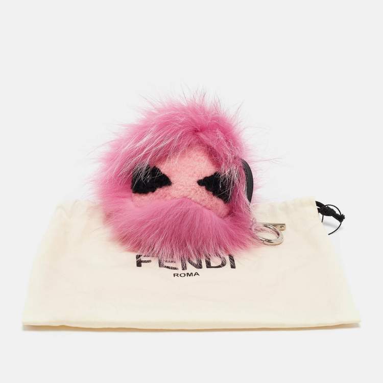 Pre Owned Fendi Pink Fox Fur and Shearling Crystal Tria Monster Bug Bag Charm