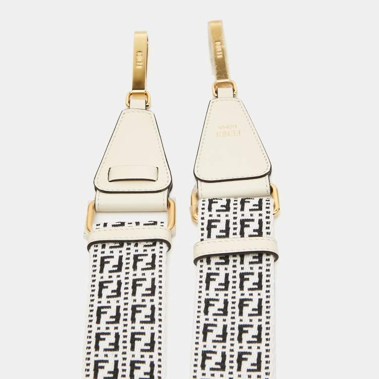Pre Owned Fendi White/Black Zucchino Fabric and Leather Bag Shoulder Strap